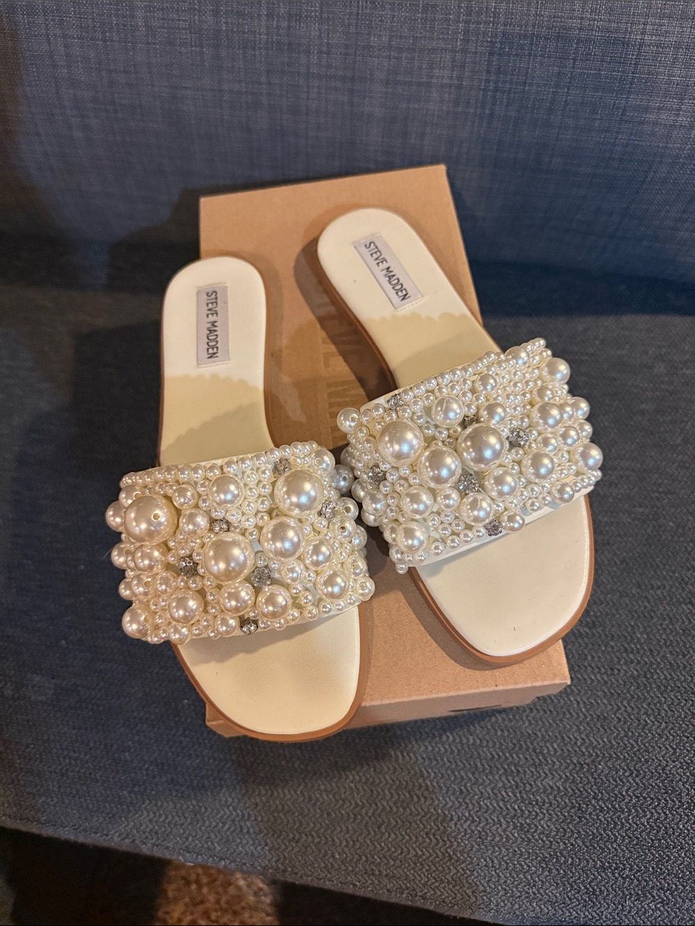 Steve Madden Pearl-Embellished Ivory Slide Sandals